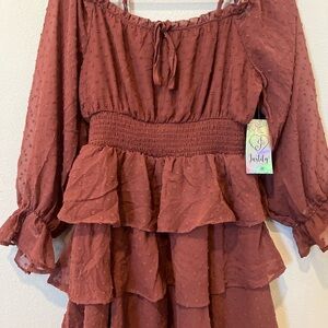 Justify Orange Tan Ruffled Tiered Off-Shoulder Sundress